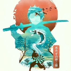 绘师创作的动漫角色剪影：影子内美丽的日式风景