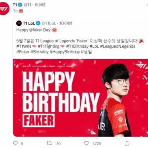 《英雄联盟》选手Faker迎26岁生日：祝李哥生日快乐